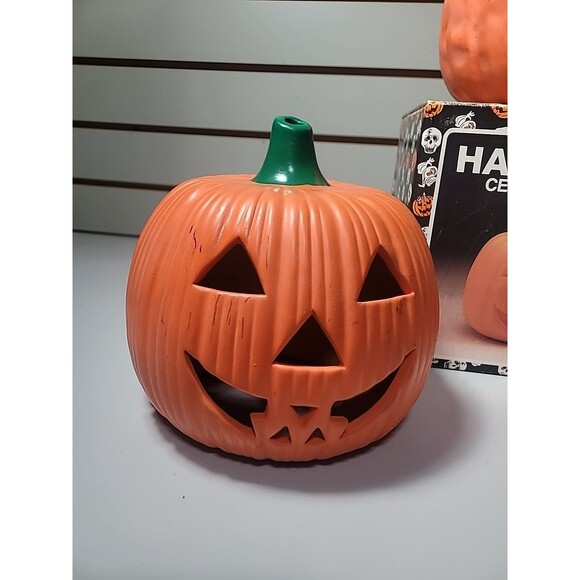 3 Halloween Ceramic Pumpkin Jack-o-lantern Tealite Candle Holder Set Lot - Picture 3 of 8